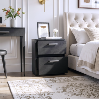 Sunvega Black Nightstand with Two Drawers and Metal Handles for Bedroom