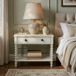 Sunvega Antique Cream Nightstand with Spindle Legs and Spacious Drawer Storage