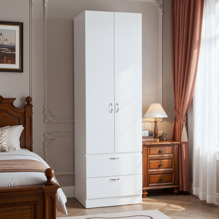 Sunvega Modern White Wardrobe with Hanging Rod, 2 Drawers and Storage Shelf