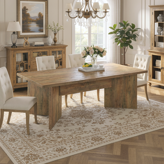 Sunvega Mango Brown Rectangular Dining Table with Sculpted Geometric Base and V-Shaped Legs
