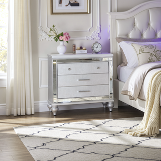Sunvega Mirror Accented Modern Style Nightstand with Three Spacious Drawers in Silver