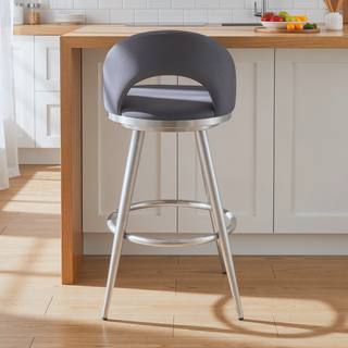 Sunvega 30 Inch Swivel Bar Stool with Gray Faux Leather and Brushed Stainless Steel