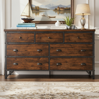 Sunvega 7-Drawer Dresser in Rustic Brown and Gunmetal Finish Wooden Furniture