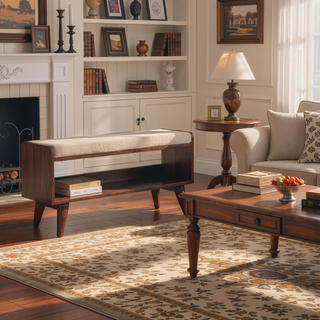 Sunvega Solid Mango Wood California Walnut Finish Bench with Mud Linen Upholstered Seat Pad