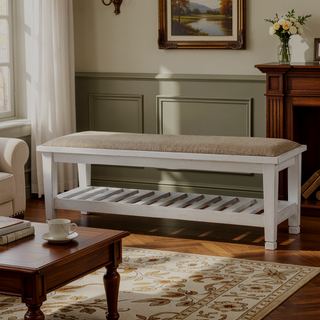 Sunvega Antique White Transitional Storage Bench with Slatted Wood Shelf and Cushion