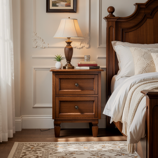 Sunvega Arno Bedside Table in Golden Teak with Hand-Carved Drawer Fronts