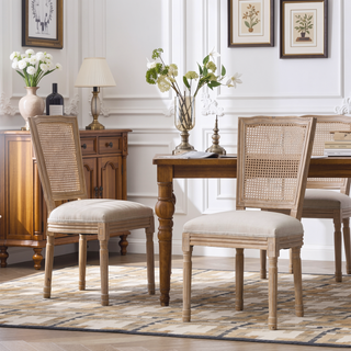 Sunvega French Style Solid Wood Frame Linen Fabric Oval Back Dining Chairs Set of 2