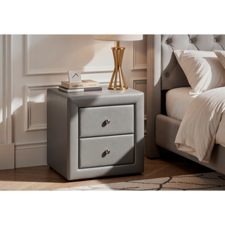 Sunvega Upholstered Grey Leather Look Nightstand with Two Storage Drawers