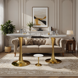 Sunvega Round White Pedestal Side Table with Marble Effect Top for Living Room