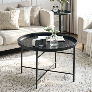 Sunvega 24 Inch Round Coffee Table with Hammered Tray Top and Metal Frame for Living Room