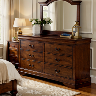 Sunvega Brown Wooden Dresser with Six Drawers and Metal Hardware