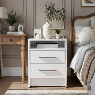 Sunvega Smokey Oak and White Finish Nightstand with Two Drawers and Open Shelf