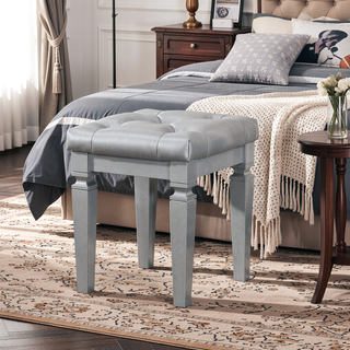 Sunvega Modern Glam Silver Finish Tufted Faux Leather Vanity Stool with Foam Cushion