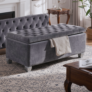 Sunvega Grey Velvet Upholstered Tufted Lift Top Storage Bench with Wooden Legs