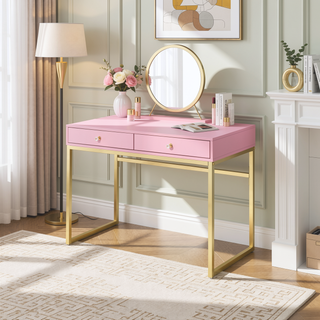 Sunvega White and Gold Vanity Desk with Mirror and Jewelry Storage Tray