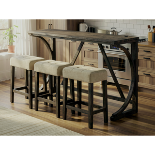 Sunvega Transitional Brown Rubberwood Dining Table Set with 3 Tufted Stools