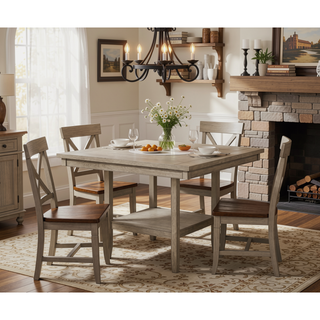 Sunvega Contemporary Farmhouse Square Dining Table with Faux Marble Lazy Susan
