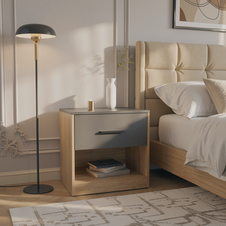 Sunvega Modern Natural Oak and Matt Gray Nightstand with Door and Shelf