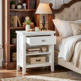 Sunvega White Handcrafted Solid Wood Bedside Table with Drawer and Shelf