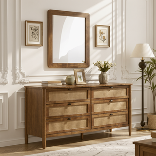 Sunvega Warm Light Walnut Finish Wood Dresser with Rattan Accents and Mirror