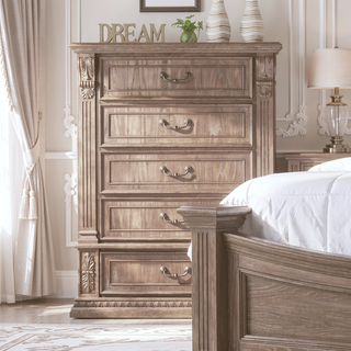 Sunvega Transitional Weathered Oak Finish Chest with Dentil Molding and Carved Details
