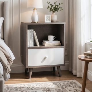 Sunvega Modern Low Foot Bedside Table with Drawer and Storage Compartment
