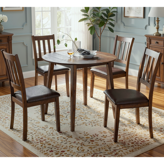 Sunvega Transitional Dark Brown Walnut Wood Round Dining Table With 4 Curved Ladder-back Chairs