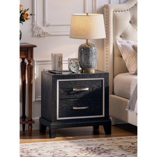 Sunvega Modern Black Nightstand with Two Drawers and Built-In AC USB Outlets