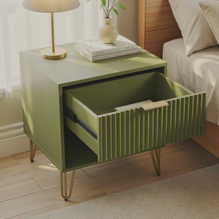 Sunvega Modern Glam Nightstand with Gold Metal Legs and Textured Drawer