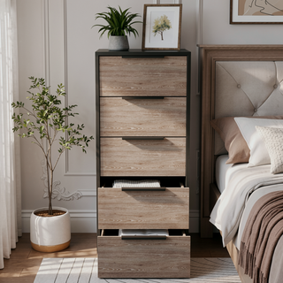 Sunvega 42 Inch High Modern Five Drawer Dresser in Black and Light Oak