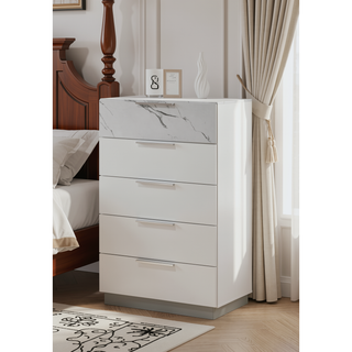 Sunvega Mist Chest White High-Gloss Lacquer Finish with Five Smooth-Glide Drawers