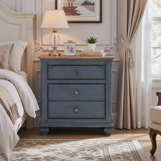 Sunvega 3-Drawer Nightstand with Corduroy Blue Finish and Antique Pewter Hardware