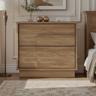 Sunvega Modern Whitewashed Oak Nightstand with Two Push Open Drawers for Bedroom