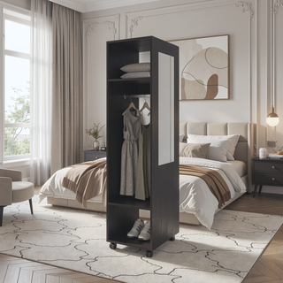 Sunvega Benson Wardrobe with Mirror and Open Storage on Wheels for Bedroom