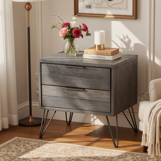 Sunvega Contemporary Grey Wood Night Stand with Metal Hairpin Legs and Drawers