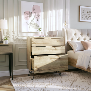 Sunvega Light Oak Dresser with Three Drawers and Superior Top on Hairpin Legs