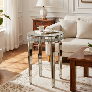 Sunvega Diamond-Cut Round Mirror Breakfast Table with Tempered Glass Top for Small Spaces