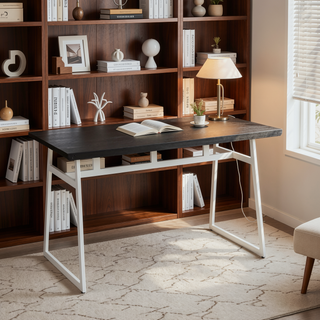 Sunvega Industrial Dining Table with Vintage White Metal and Espresso Wood-Pressed Grain Bamboo Top
