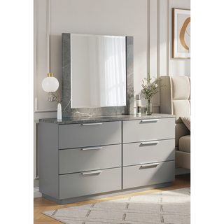 Sunvega White Lacquer Dresser with Six Smooth-Glide Drawers and Marble Accents