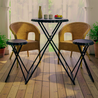 Sunvega Black Stowable Side Table and Two Seats with Foldable Iron Frame