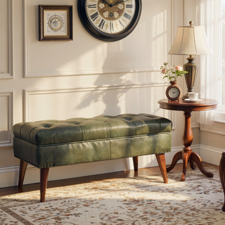 Sunvega Modern Green Leather Upholstered Bench with Solid Mango Wood Legs