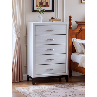 Sunvega White Laminate Nightstand with Wood Grain Detailing and Two Spacious Drawers