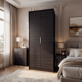 Sunvega Two-Door Wardrobe with Hanging Rod and Two Shelves for Bedroom