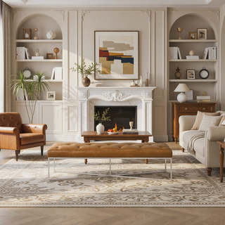 Sunvega Harper Tan Leather Bench with Padded Seat and Teak Wood Frame