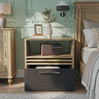 Sunvega Contemporary Light Oak and Black Nightstand with Caster Wheels
