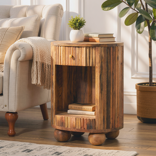 Sunvega Solid Mango Wood Bedside Table with Drawer and Open Shelf