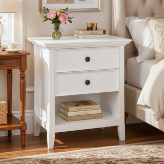 Sunvega White Handcrafted Solid Wood Transitional Bedside Table with Two Spacious Drawers