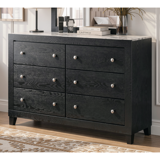 Sunvega Modern White Faux Marble Top Nightstand with Two Drawers in Black Finish