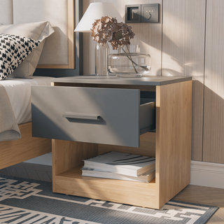 Sunvega Natural Oak and Matt Grey Nightstand with 1-Drawer and Open Shelf