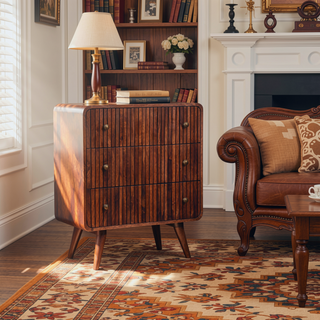 Sunvega Honey Caramel Solid Mango Wood T-Bar Ridged Chest with 3 Drawers